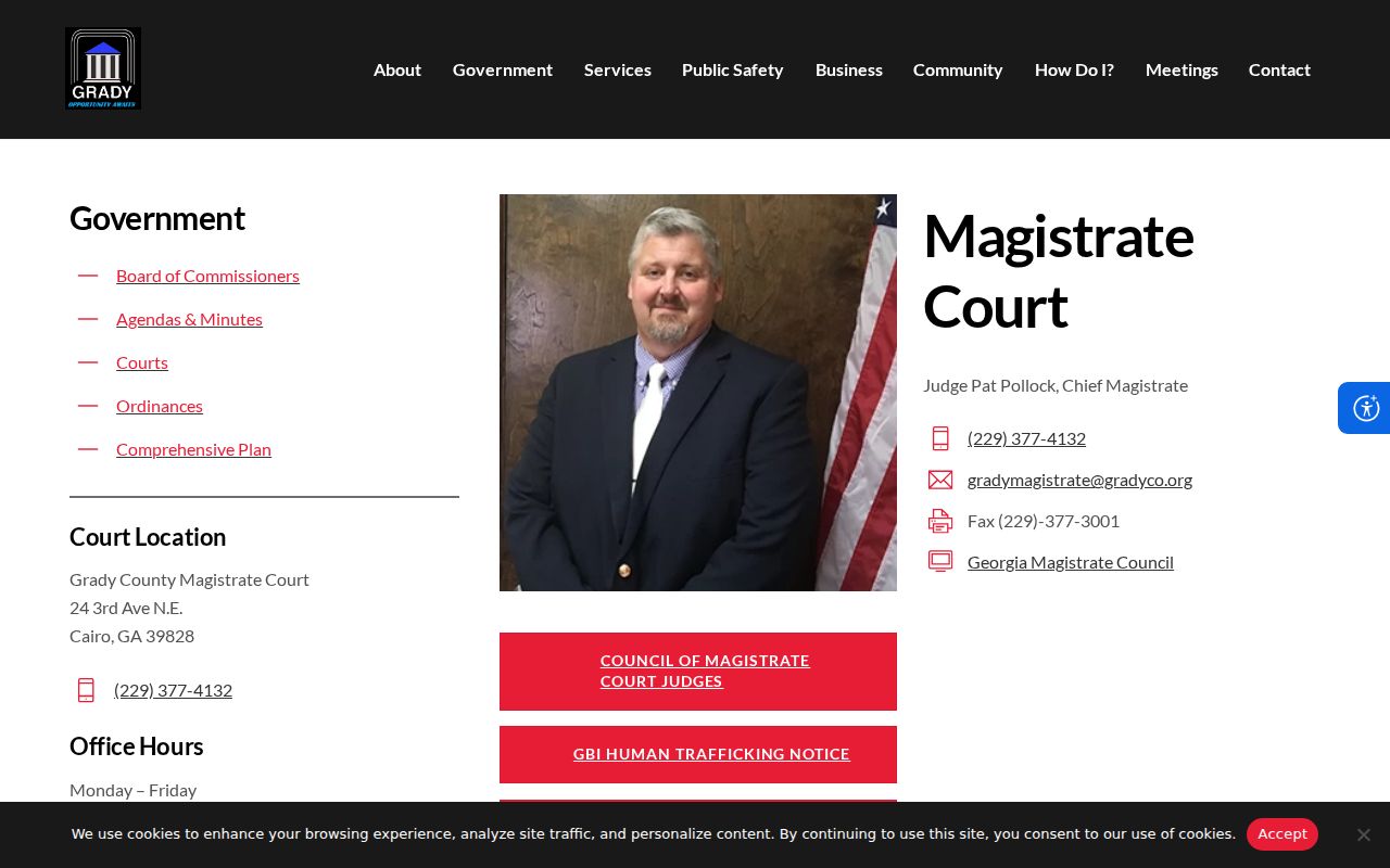 Grady County Magistrate Court page describing arrest and search warrant jurisdiction