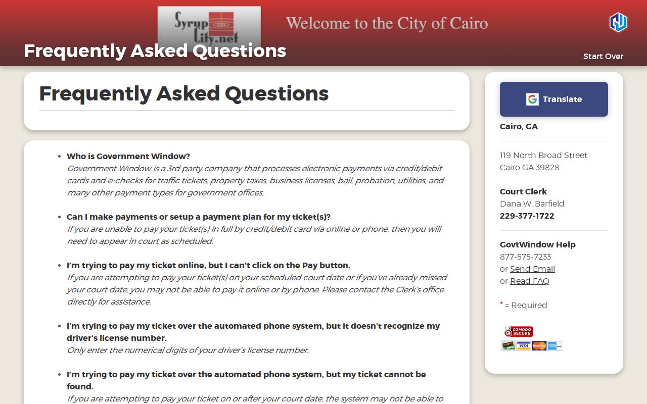 Grady County traffic warrant clerk fallback on Cairo payment FAQ